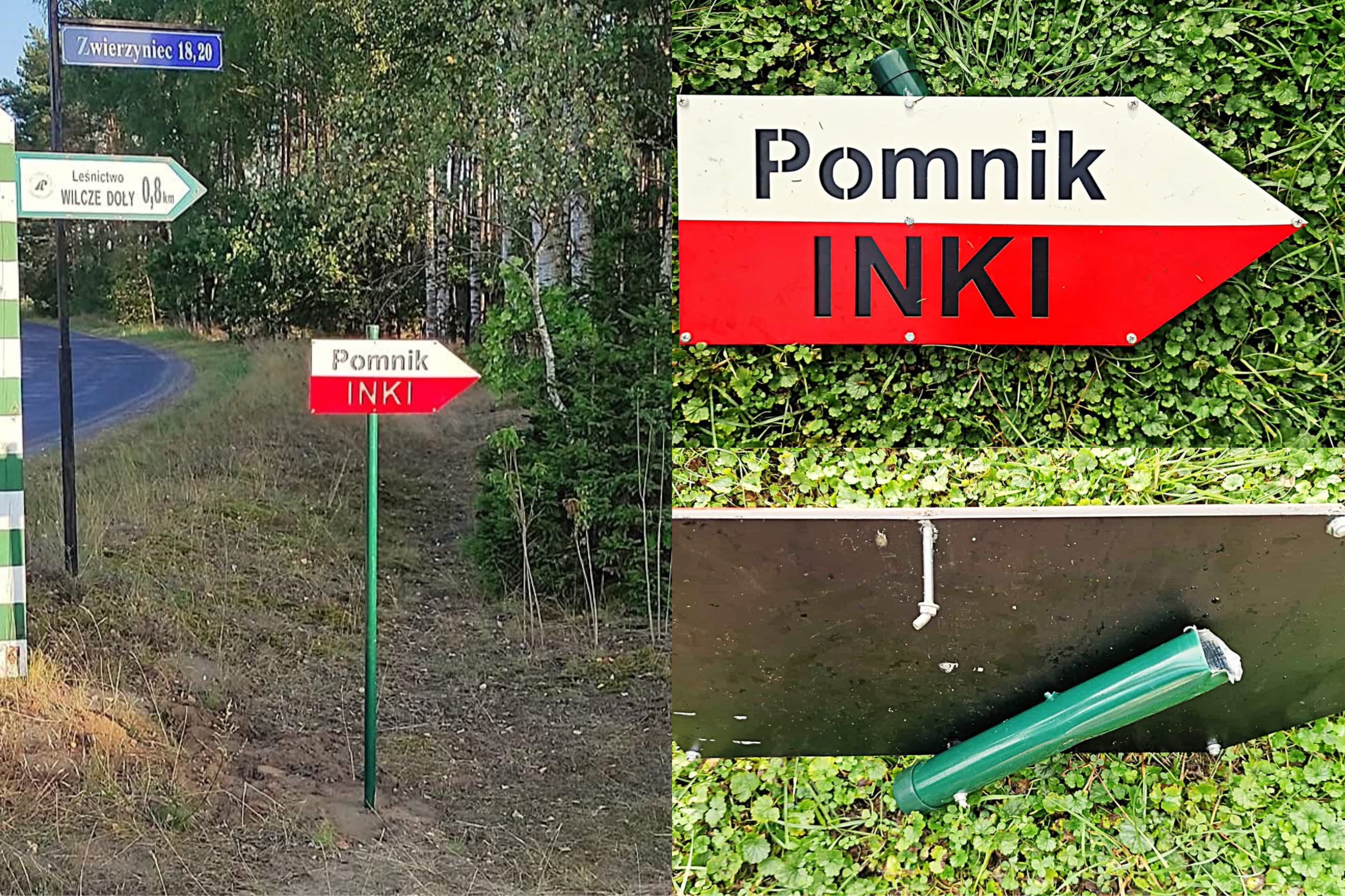 Uszkodzony kierunkowskaz do pomnika „Inki” w Zwierzyńcu