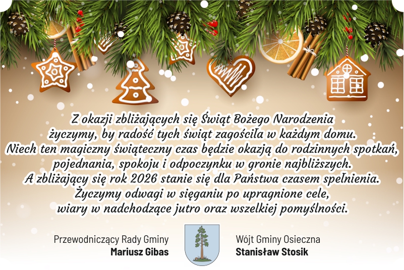 Życzenia świąteczne od Wójta Gminy Osieczna i Przewodniczącego Rady Gminy
