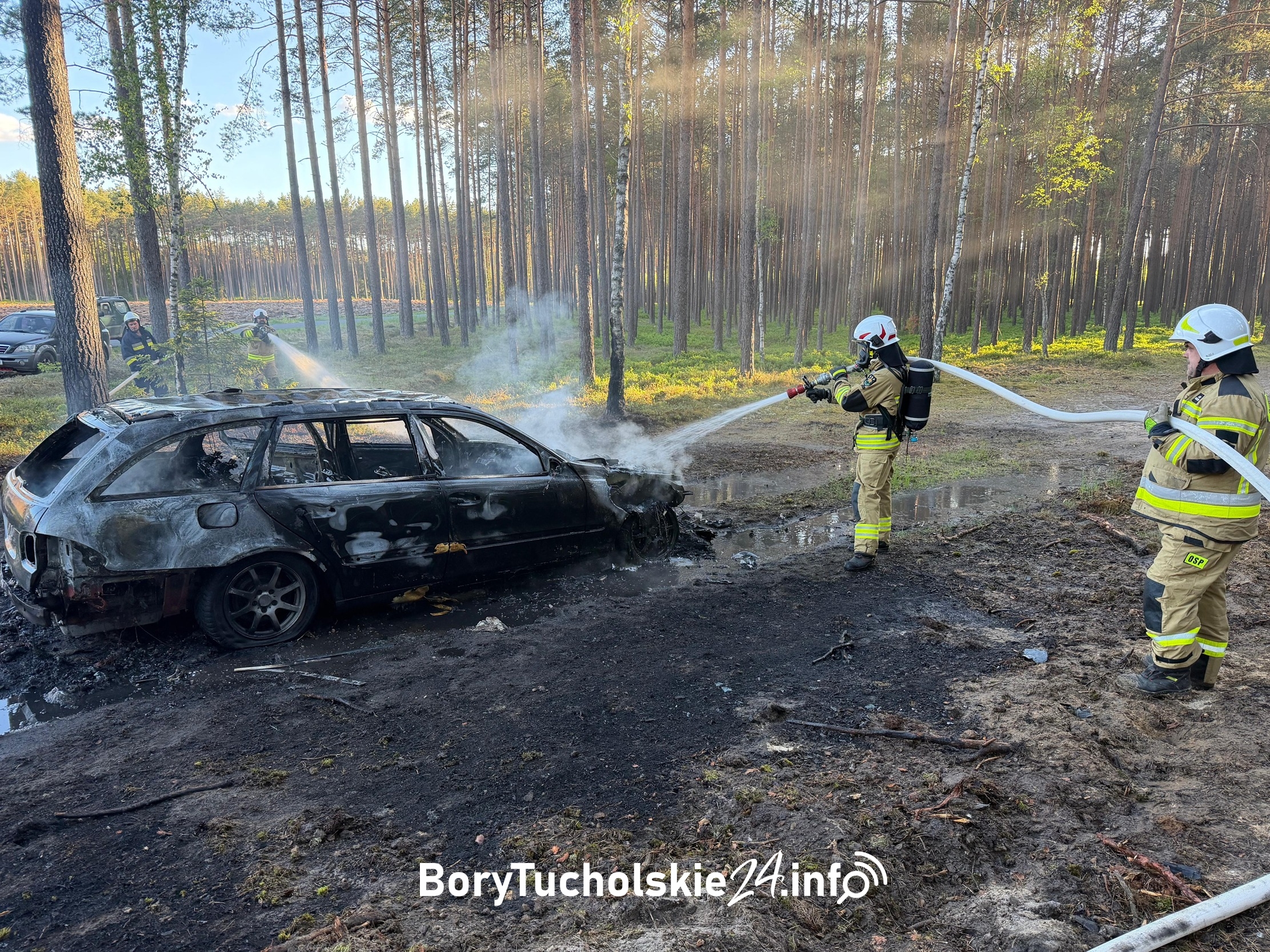 Pożar osobowego Mercedesa na leśnej asfaltówce. Auto spłonęło kompletnie (FOTO, WIDEO)