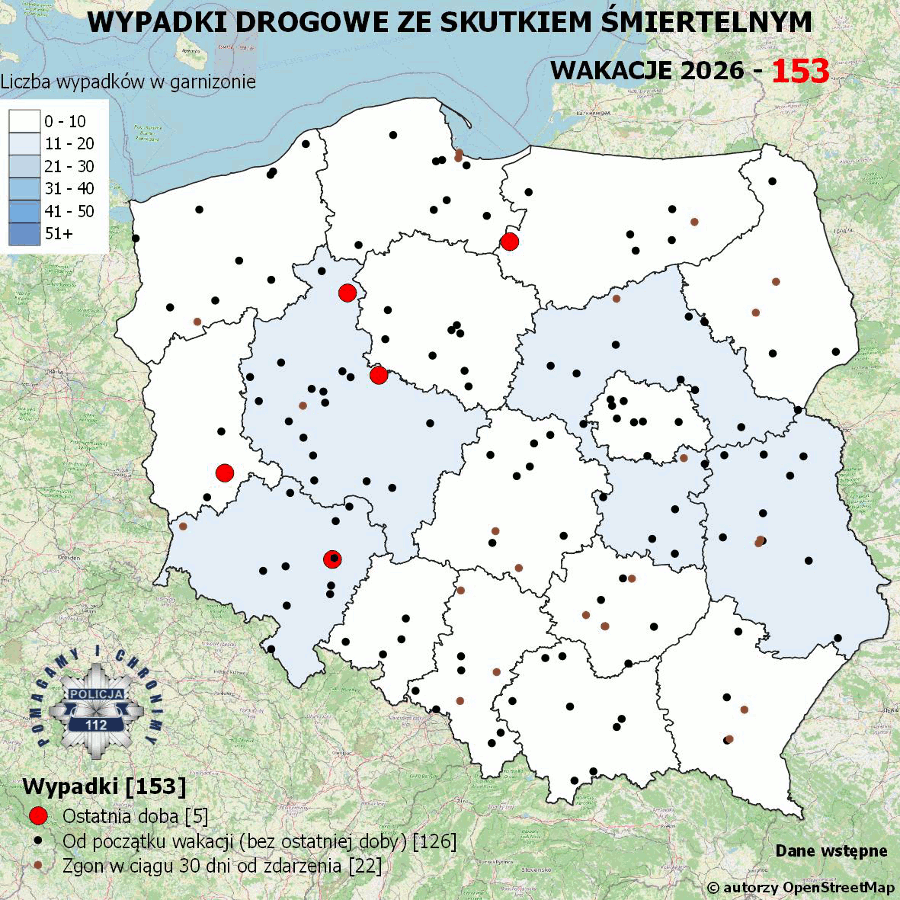 Policyjna mapa wypadków śmiertelnych po miesiącu wakacji. Ponad 150 tragicznych zdarzeń