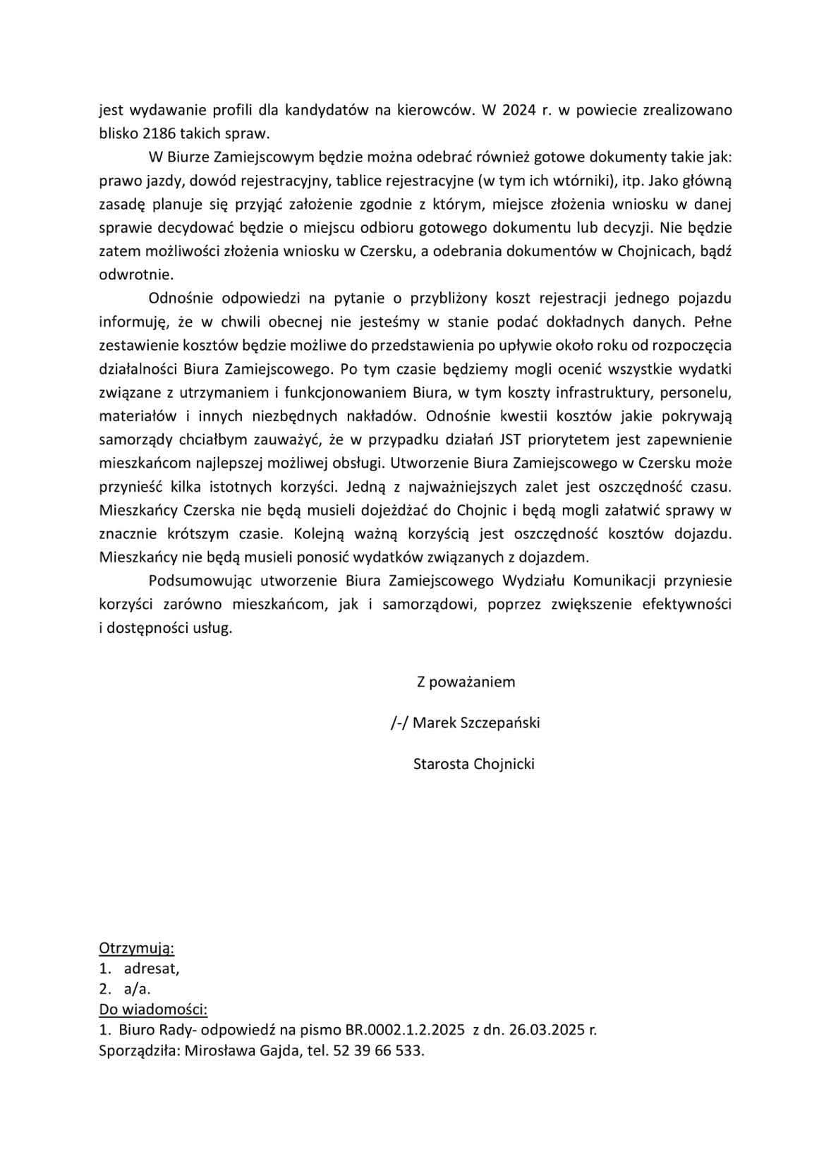 Odpowiedź starosty chojnickiego. 