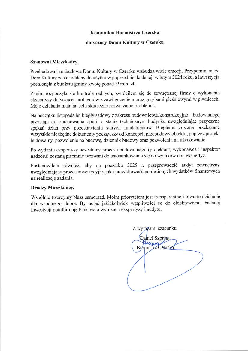 Komunikat Burmistrza Czerska dotyczący Domu Kultury w Czersku