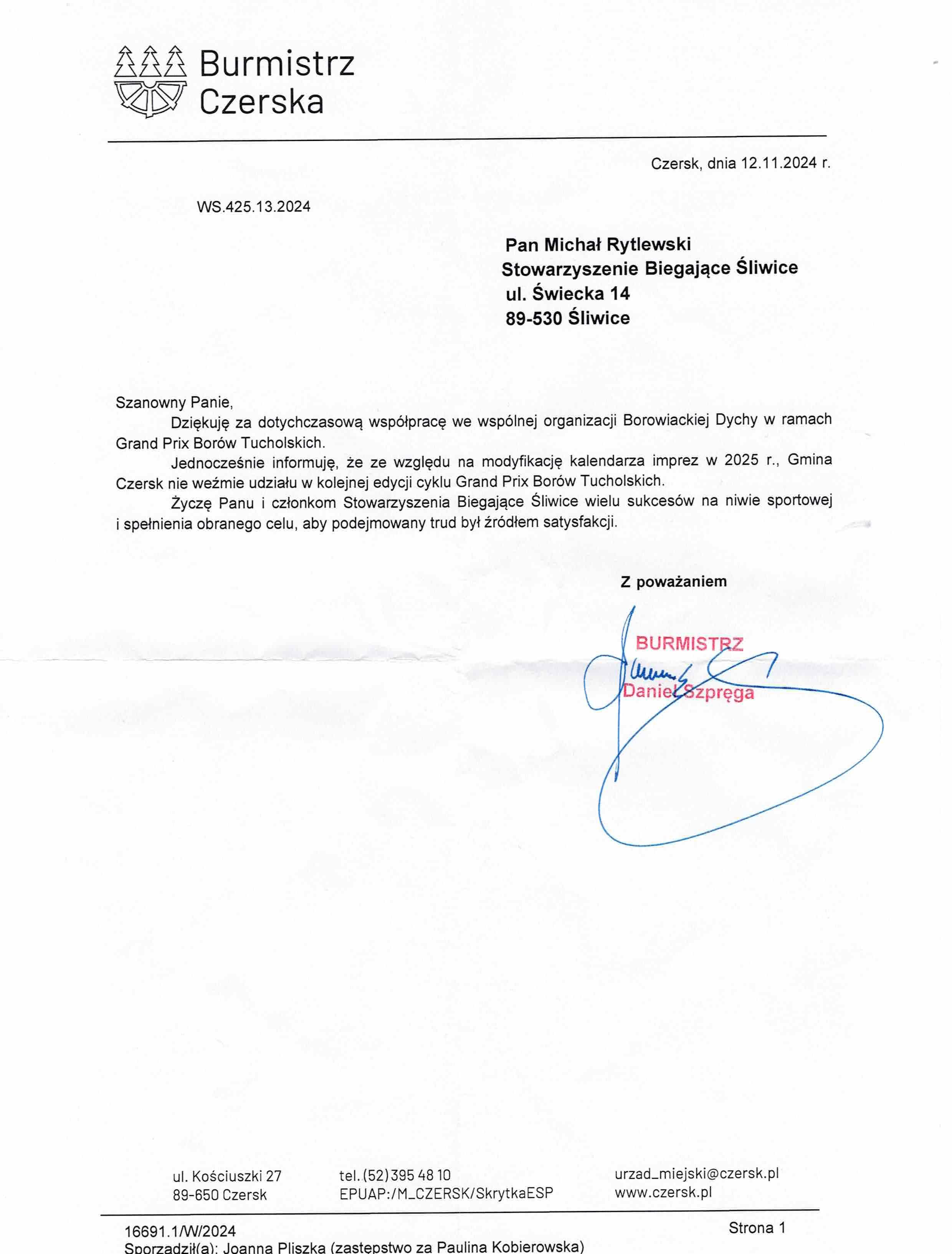 Pismo Daniel Szpręga Borowiacka Dycha