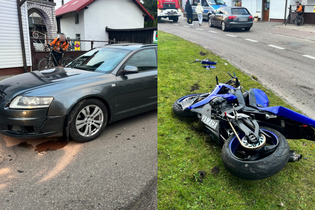 Zderzenie auta i motocykla w Łęgu. Motocyklista jechał na jednym kole i bez kasku? (FOTO, WIDEO)