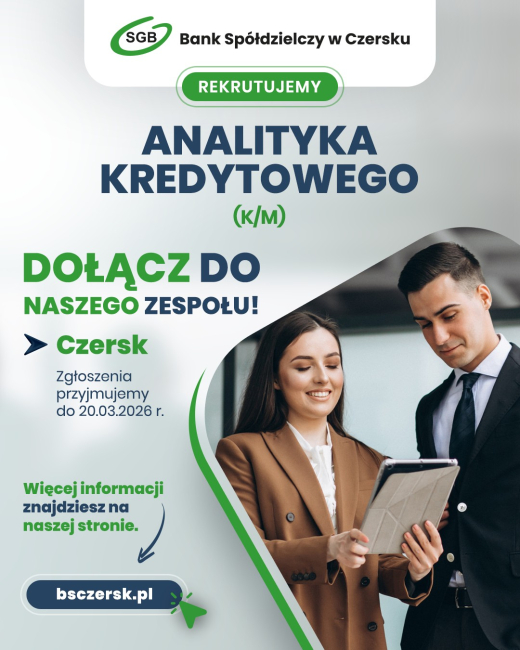 Rozwijamy nasz zespół i szukamy Analityka Kredytowego do naszej Centrali w Czersku. 🤝 To kluczowa rola dla osoby, która świetnie czuje się w świecie liczb, analizy i potrafi podejmować trafne decyzje. Jeśli szukasz stabilnej pracy, w której Twoje umiejętności będą miały realne znaczenie, to ogłoszenie jest dla Ciebie.  Oferujemy stabilne zatrudnienie, możliwość rozwoju i pracę w sercu naszej organizacji.  Wszystkie szczegóły dotyczące wymagań i naszej oferty znajdziesz na stronie internetowej: 👉 https://w